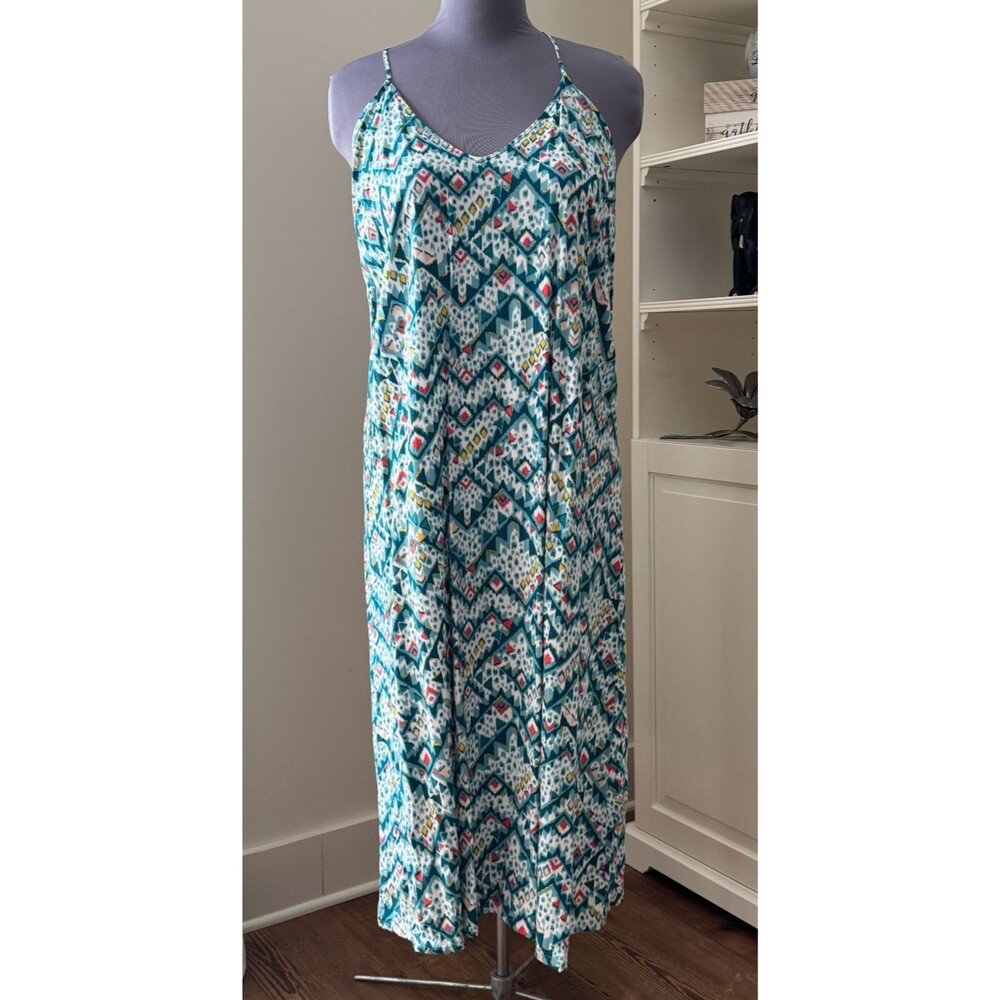 Old Navy Dress XXL Teal Blue Ikat Design Strappy Casual Lightweight Boho